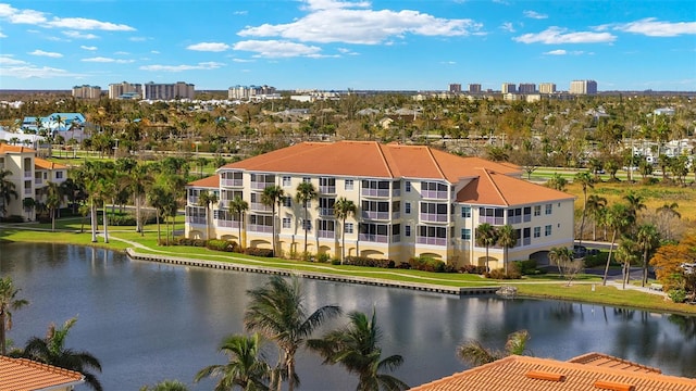 drone / aerial view with a water view