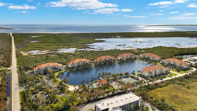 bird's eye view with a water view