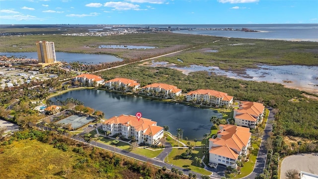 drone / aerial view featuring a water view