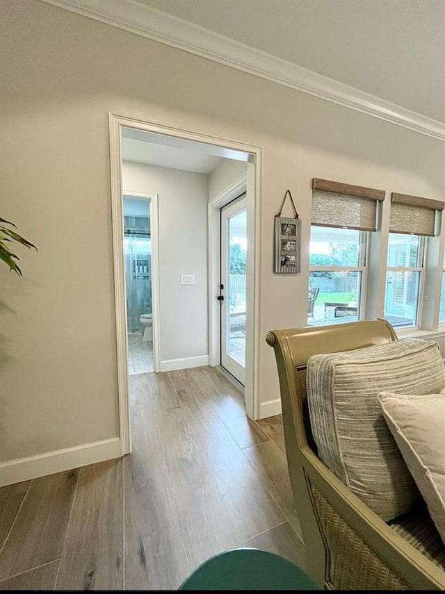 bedroom with multiple windows, hardwood / wood-style flooring, ornamental molding, and access to exterior