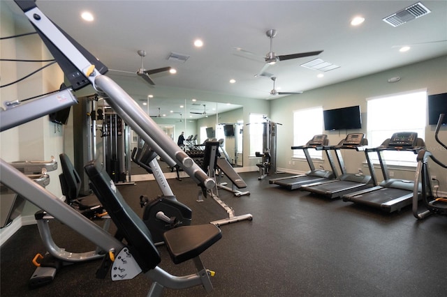 gym featuring ceiling fan