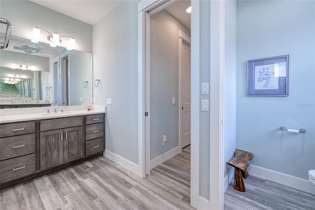 bathroom featuring vanity, ceiling fan, and wood-type flooring