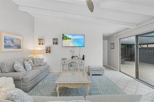 living room featuring beam ceiling and light tile patterned floors