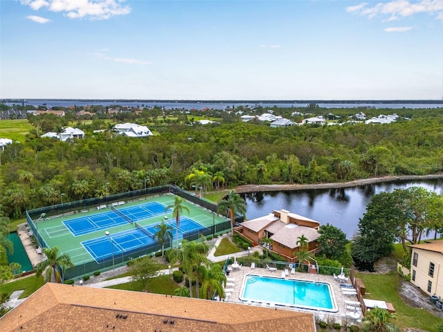 birds eye view of property featuring a water view