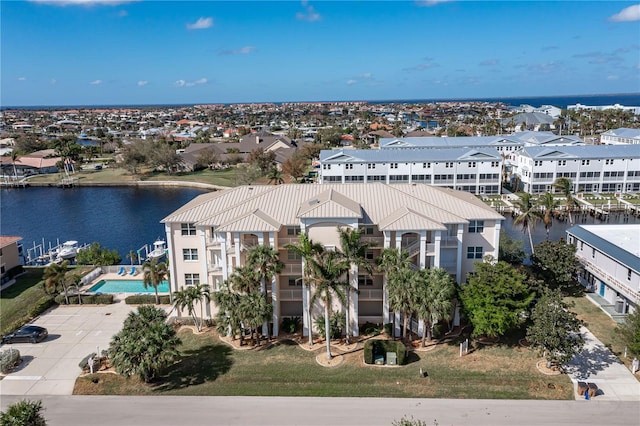 aerial view featuring a water view