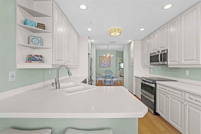 kitchen with stainless steel appliances, sink, kitchen peninsula, a breakfast bar area, and white cabinets