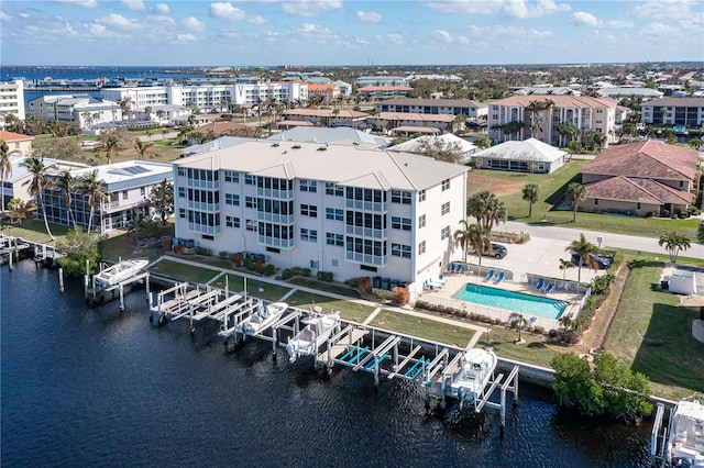 bird's eye view with a water view