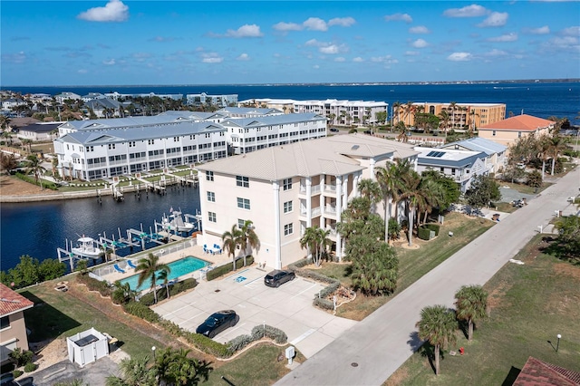 drone / aerial view with a water view