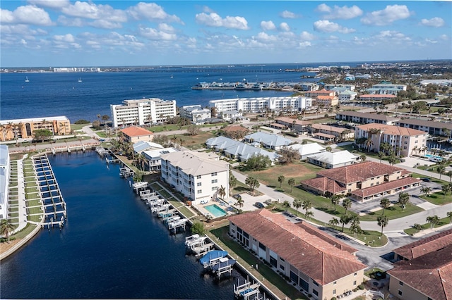 aerial view featuring a water view