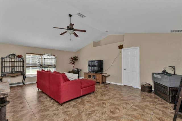 living room featuring ceiling fan, tile patterned floors, and lofted ceiling