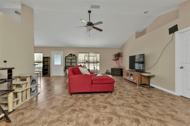 living room with high vaulted ceiling and ceiling fan