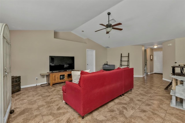 living room with ceiling fan and vaulted ceiling