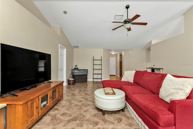 tiled living room featuring vaulted ceiling and ceiling fan