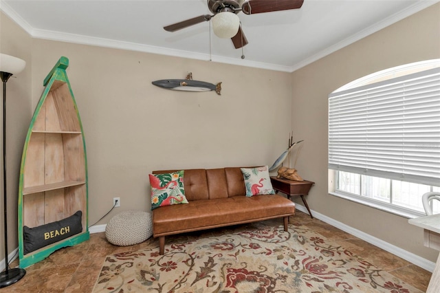 living area with ceiling fan, light tile patterned floors, and ornamental molding