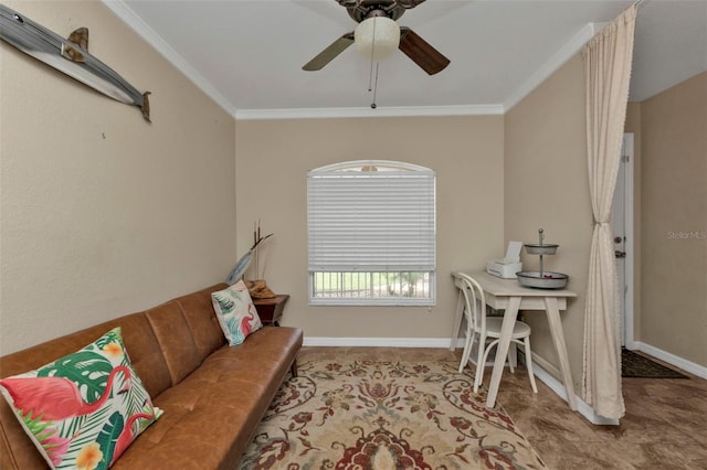 living room with ceiling fan and crown molding