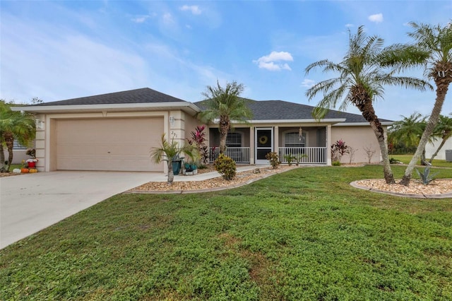 single story home with a garage and a front yard