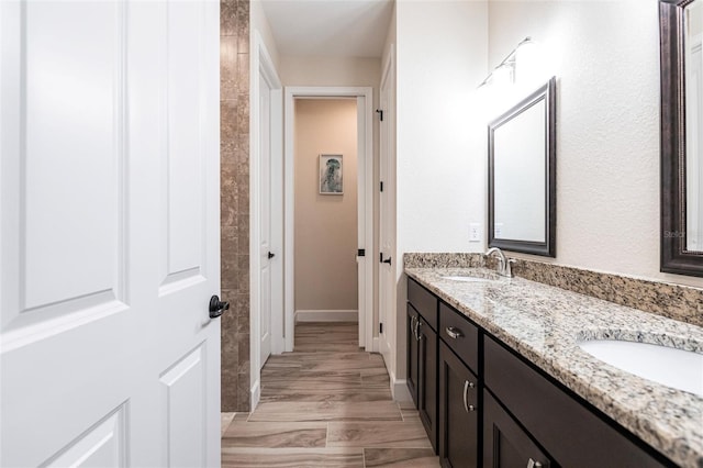 bathroom with hardwood / wood-style floors and vanity