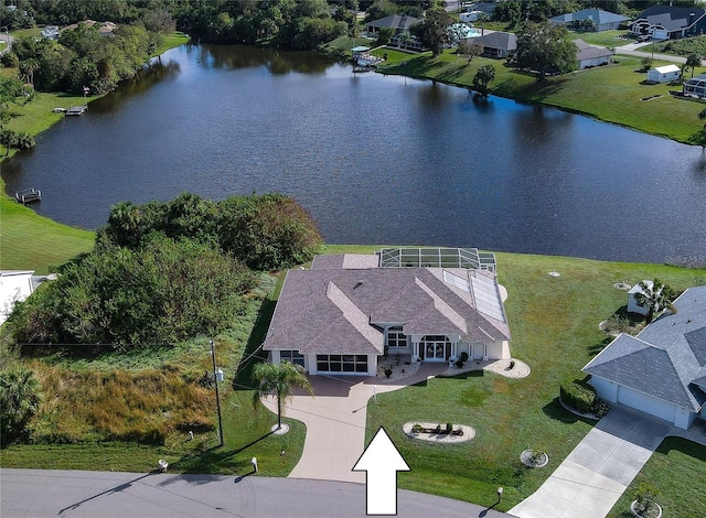 drone / aerial view featuring a water view