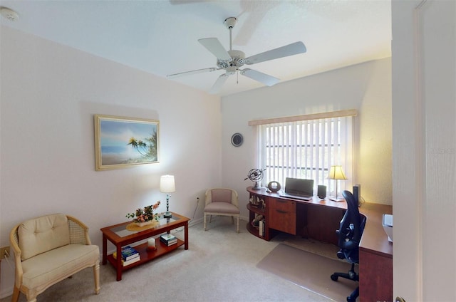 carpeted office with ceiling fan