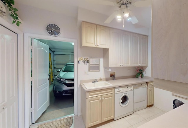 198 Coblentz St, Port Charlotte, FL 33954 - laundry room featuring cabinet space, a ceiling fan, washer and clothes dryer, and light tile patterned floors