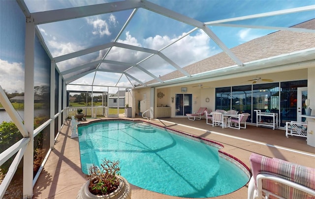 198 Coblentz St, Port Charlotte, FL 33954 - outdoor pool with a ceiling fan, a patio area, and glass enclosure
