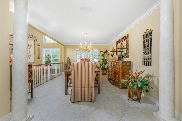 tiled dining space with a notable chandelier, ornate columns, and ornamental molding