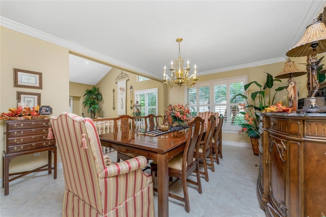 tiled dining room with lofted ceiling, a chandelier, a healthy amount of sunlight, and crown molding