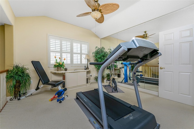 workout area with vaulted ceiling, light carpet, and ceiling fan