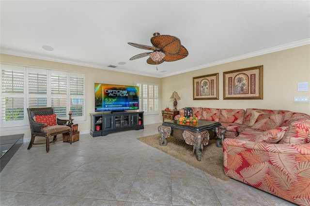 tiled living room featuring ceiling fan and crown molding