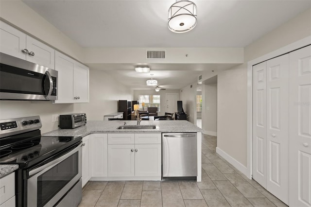 kitchen featuring kitchen peninsula, sink, ceiling fan, white cabinetry, and appliances with stainless steel finishes