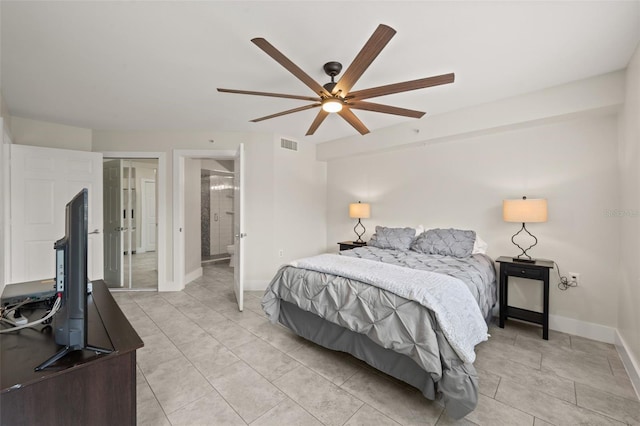 bedroom with light tile patterned floors and ceiling fan