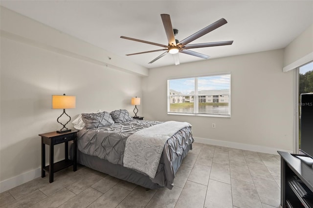 bedroom with ceiling fan and multiple windows