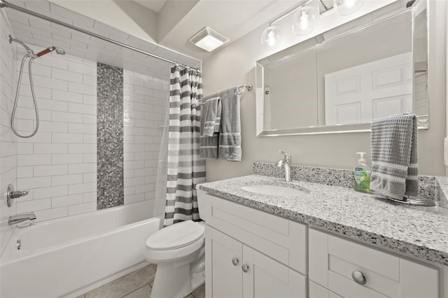 full bathroom featuring vanity, shower / bath combo, tile patterned floors, and toilet