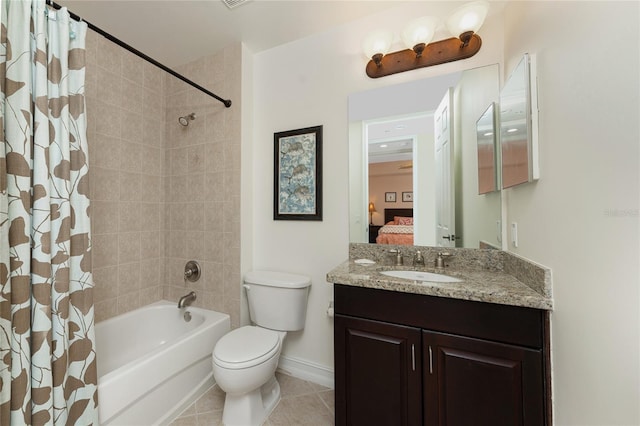 full bathroom with tile patterned floors, vanity, toilet, and shower / bathtub combination with curtain