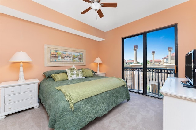 bedroom featuring ceiling fan, light carpet, and access to outside