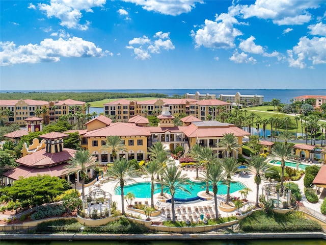 aerial view featuring a water view