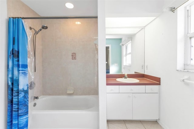 bathroom featuring shower / tub combo with curtain, vanity, and tile patterned flooring