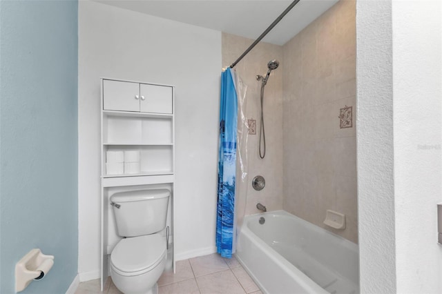 bathroom with toilet, tile patterned floors, and shower / bath combo with shower curtain