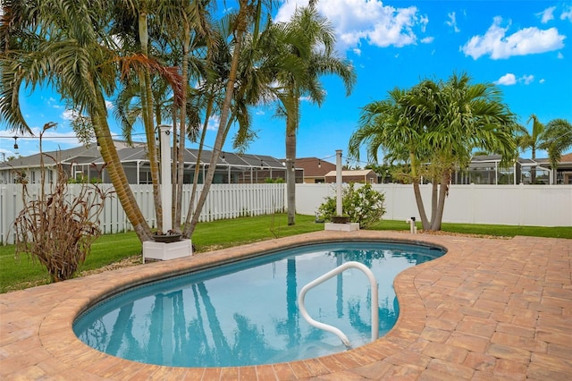 view of swimming pool with a lanai, a yard, and a patio area