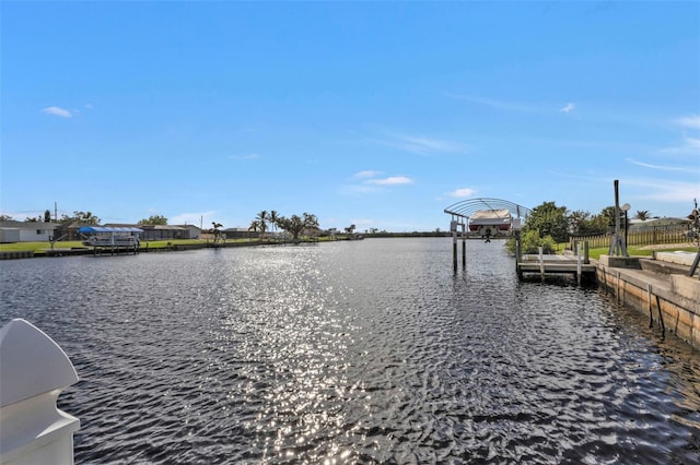 view of water feature with a boat dock