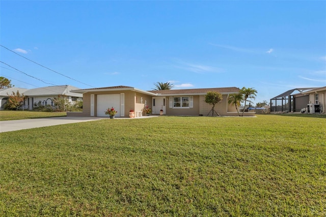 ranch-style home with a front yard and a garage