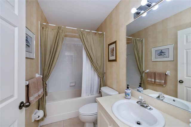 full bathroom with tile patterned flooring, vanity, shower / bath combination with curtain, and toilet