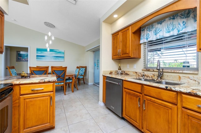 kitchen with lofted ceiling, sink, light tile patterned floors, light stone countertops, and appliances with stainless steel finishes