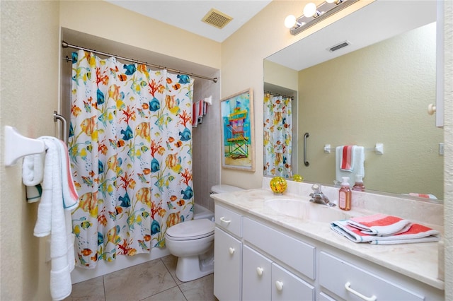 full bathroom with shower / bath combo with shower curtain, tile patterned flooring, vanity, and toilet