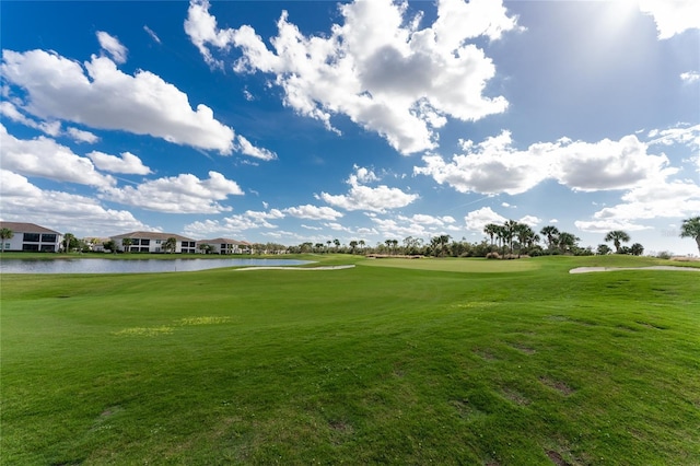 view of home's community featuring a lawn and a water view