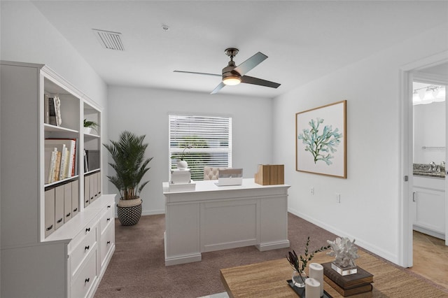 carpeted office space featuring ceiling fan and sink