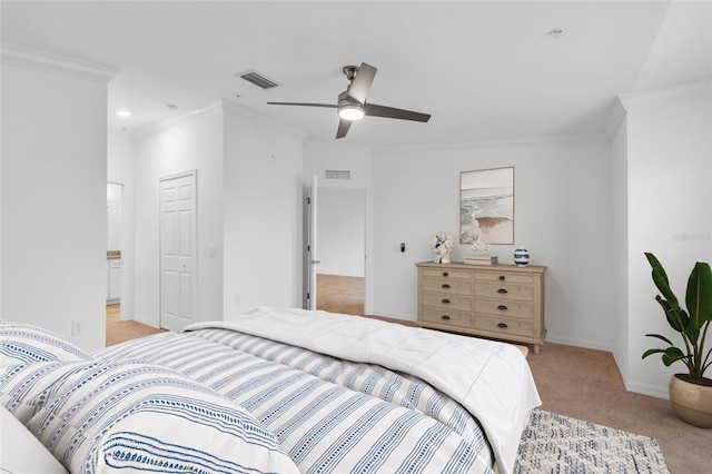 bedroom with light carpet, ceiling fan, and ornamental molding