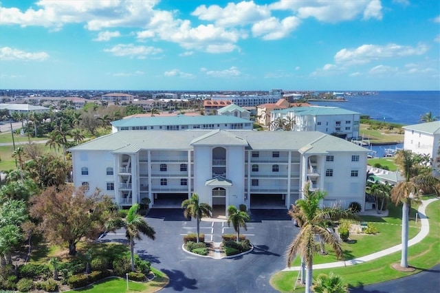 drone / aerial view with a water view