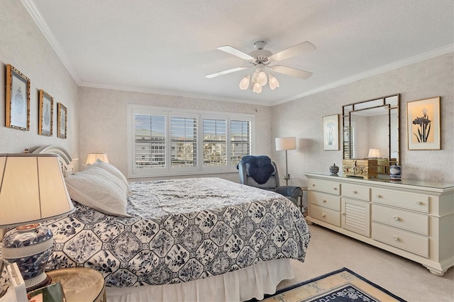 carpeted bedroom featuring a textured ceiling, ceiling fan, and ornamental molding