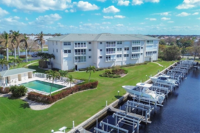 bird's eye view with a water view